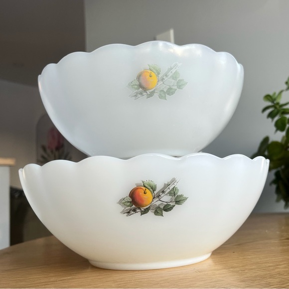 Vintage Arcopal France Nesting Bowls Set of Two White Milk Glass Scalloped Edge - Picture 2 of 15